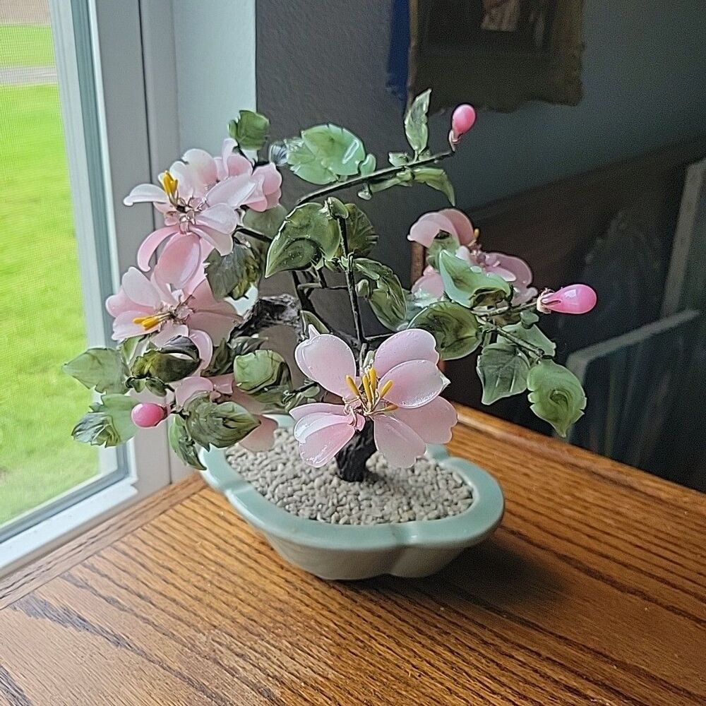 Vtg Bonsai Tree Pink Glass Rose Quartz Jade Cherry Blossom Celadon Oval Pot READ